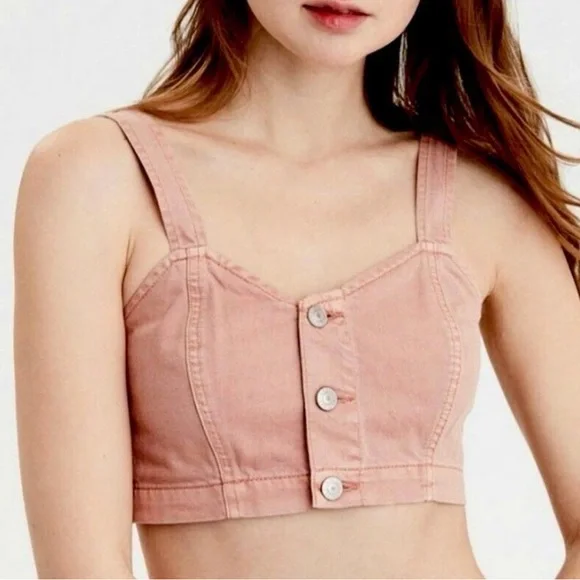 American Eagle Outfitters Dusty Rose Button-Front Crop Top - Picture 6 of 7